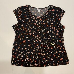 Liz Claiborne Black + Orange Floral Tie‑Waist Blouse | EUC | XL